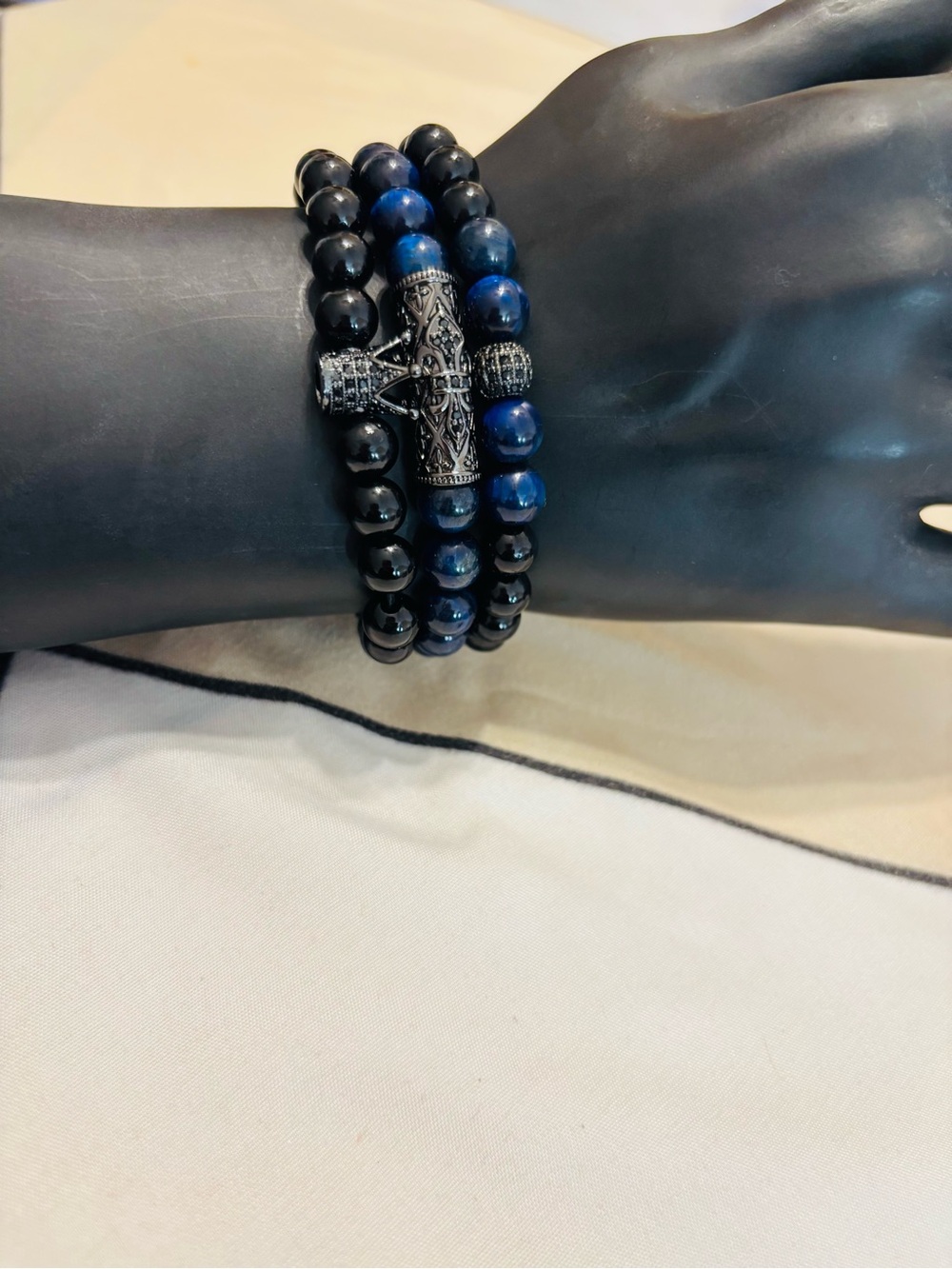Men's Black & Blue Beaded Cross Bracelet - Stylish Stackable Accessory